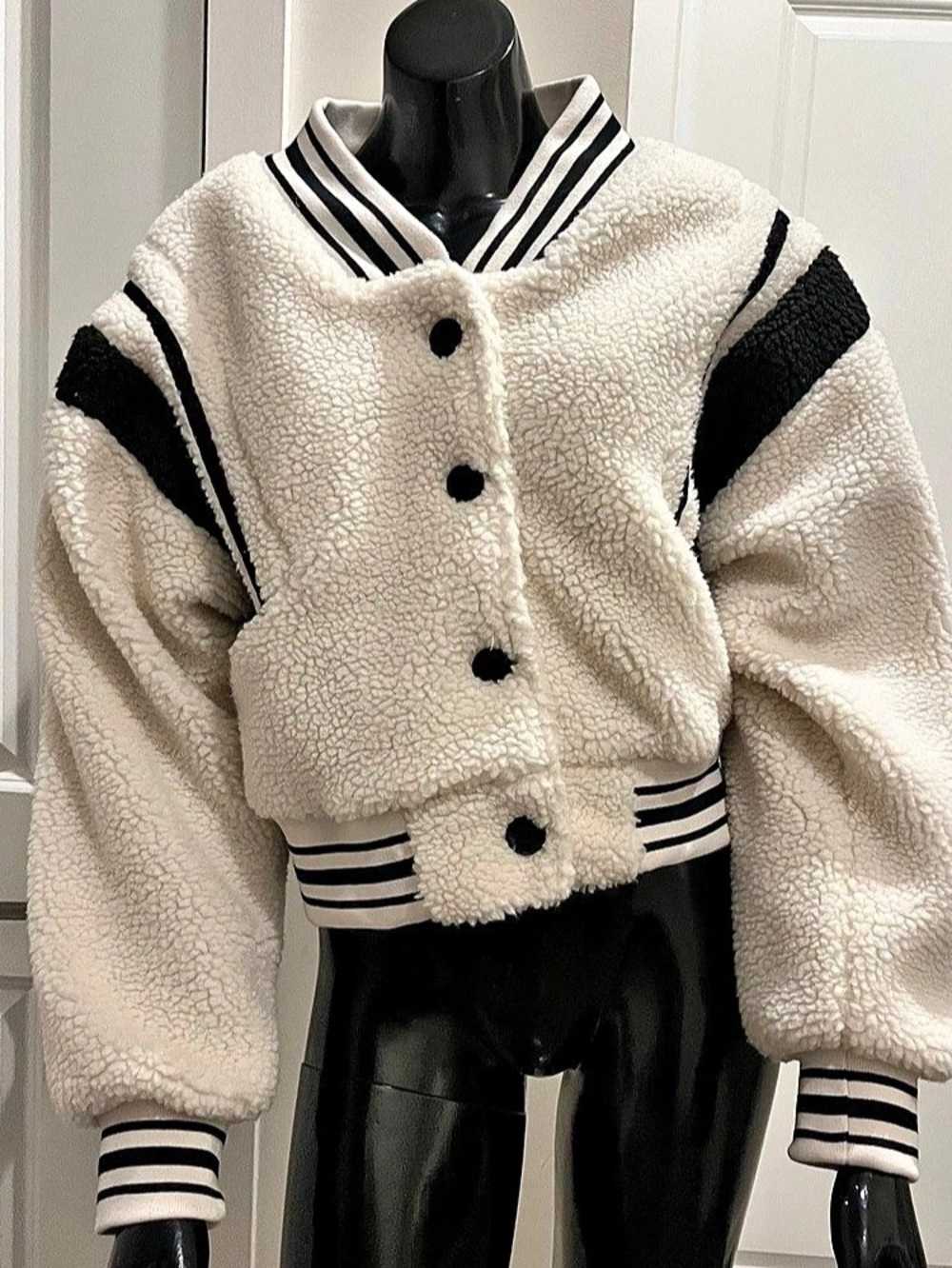 Fashion Nova Women’s Lysette Varsity Jacket Sherpa/Teddy Varsity Jacket in Cream
